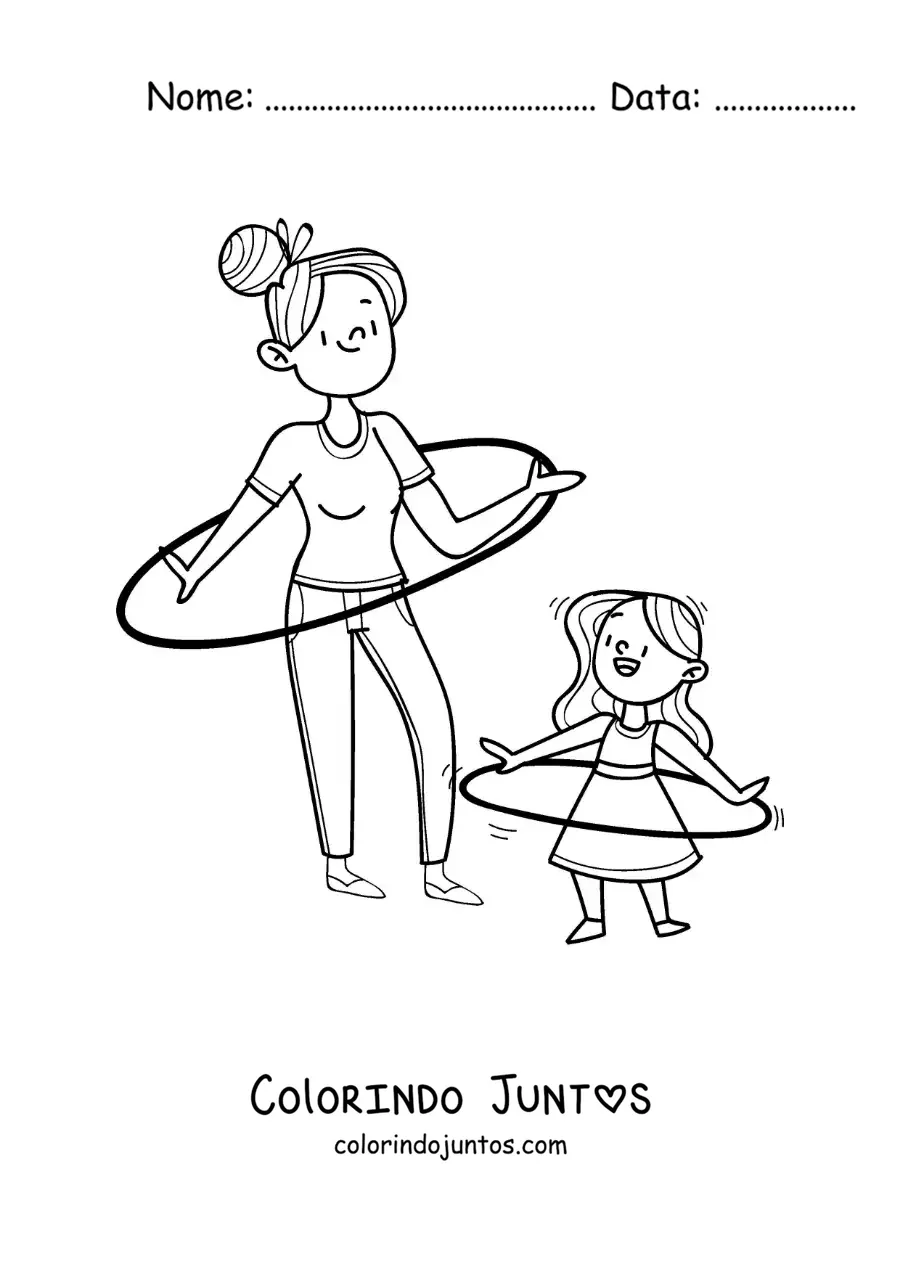 Desenho para colorir de menina e a mãe dançando com bambolê
