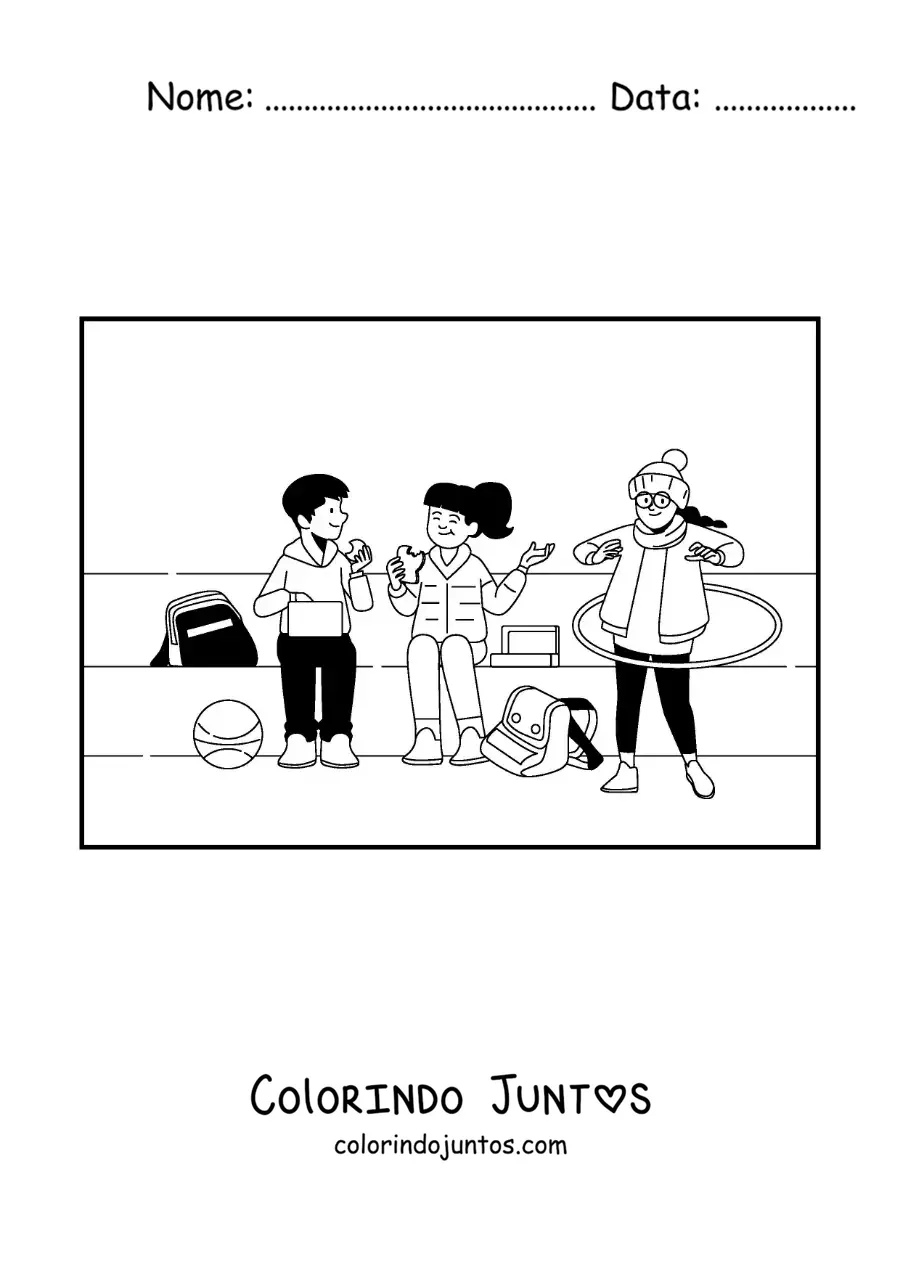 Desenho para colorir de crianças no recreio com bambolê