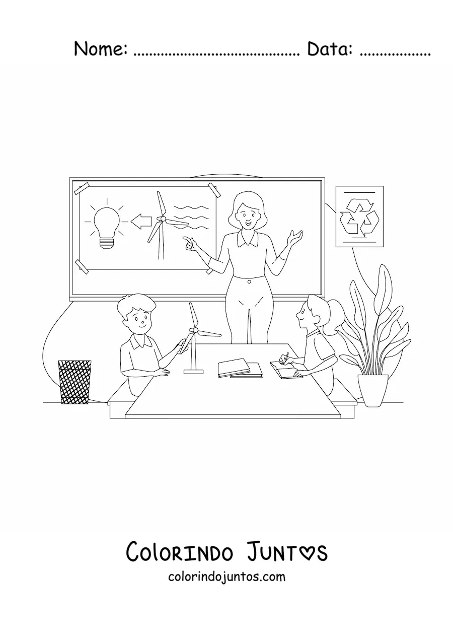 Desenho para colorir de uma professora e dois alunos em uma aula de ecologia