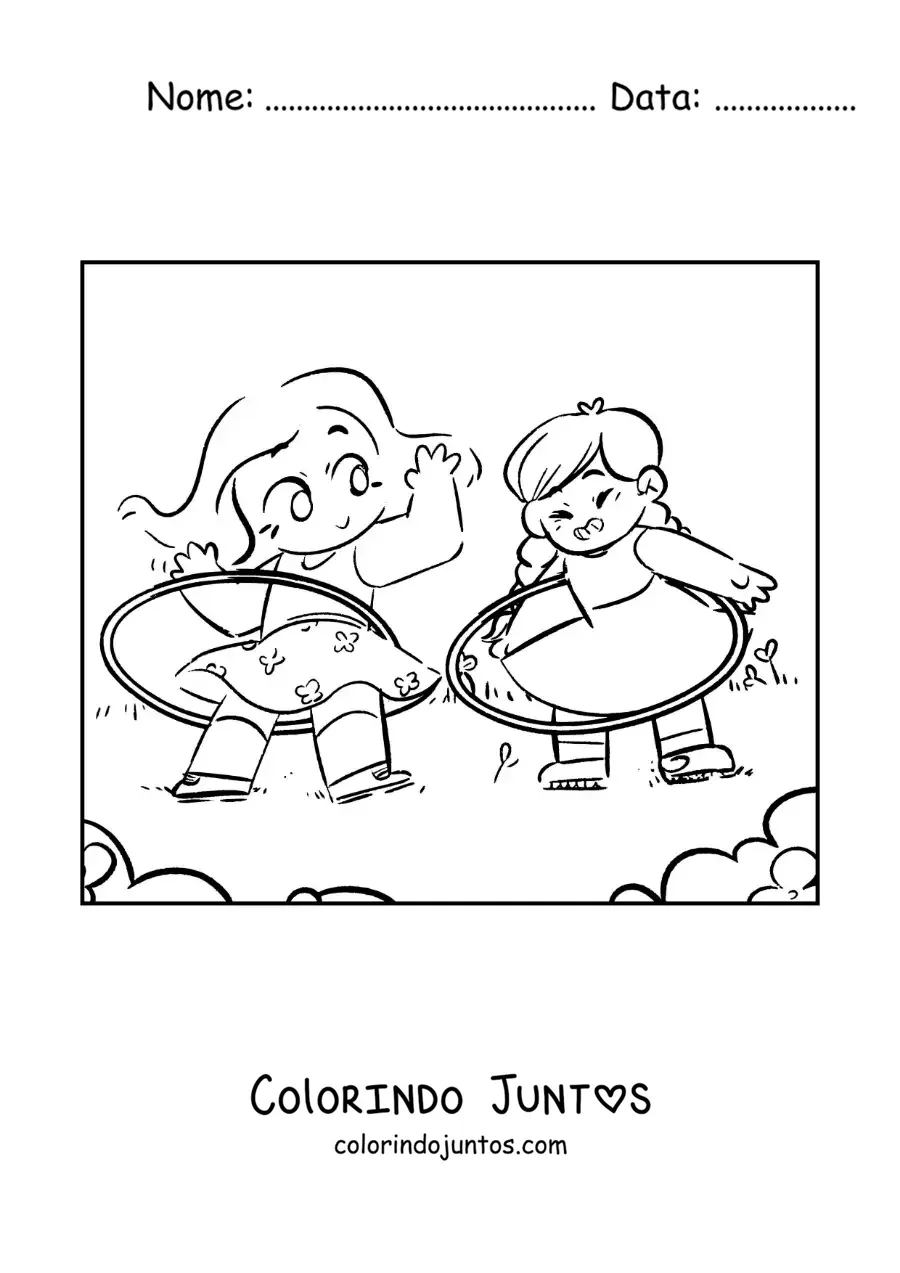 Desenho para colorir de meninas brincando com bambolês