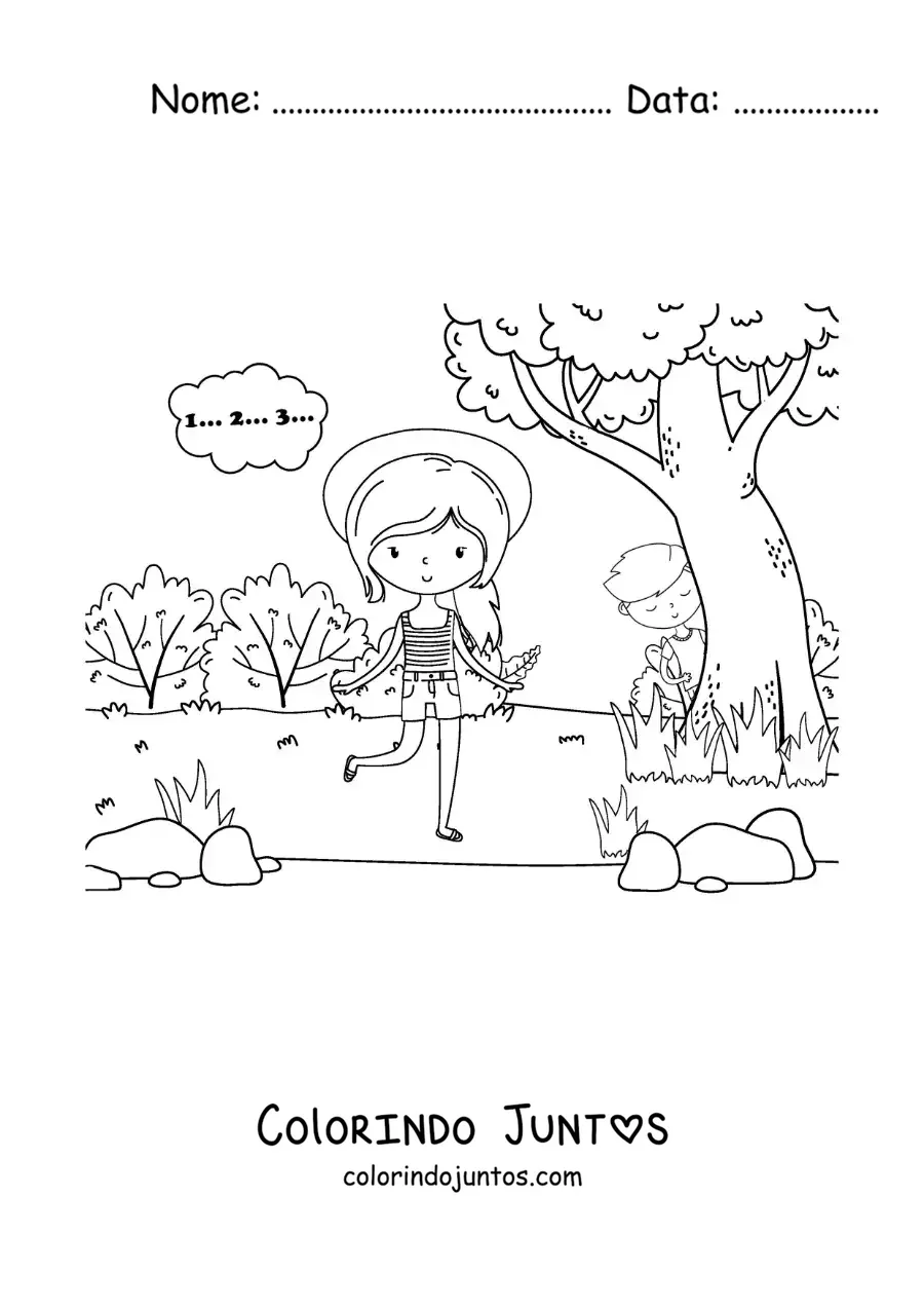 Desenho para colorir de crianças brincando de esconde-esconde ao ar livre