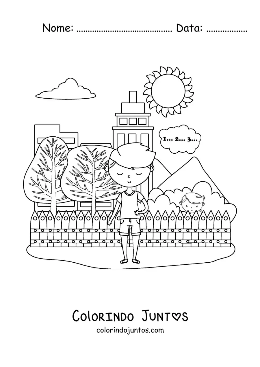 Desenho para colorir de crianças brincando de esconde-esconde na cidade