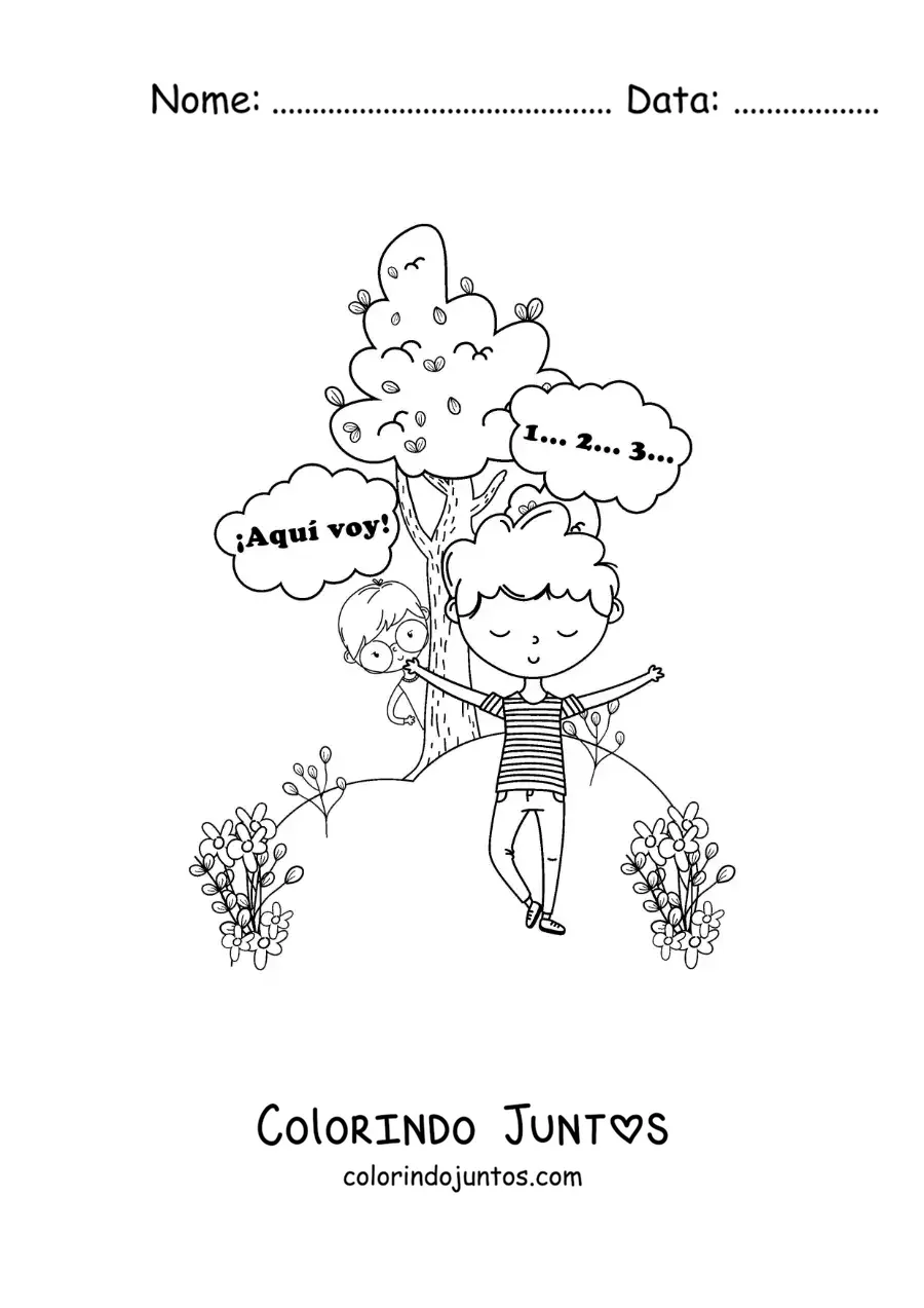 Desenho para colorir de crianças brincando de esconde-esconde em um parque