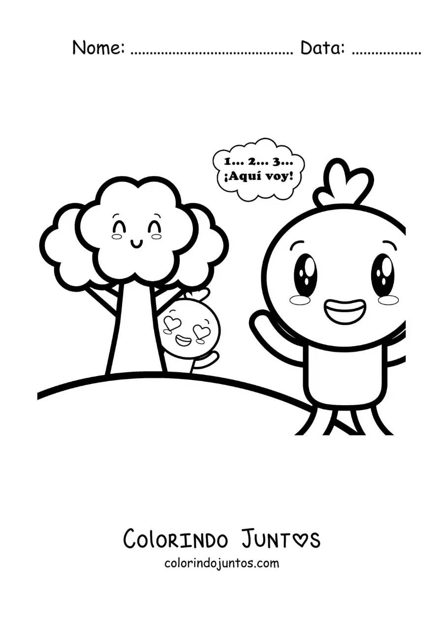 Desenho para colorir de patos animados brincando de esconde-esconde em estilo caricatura