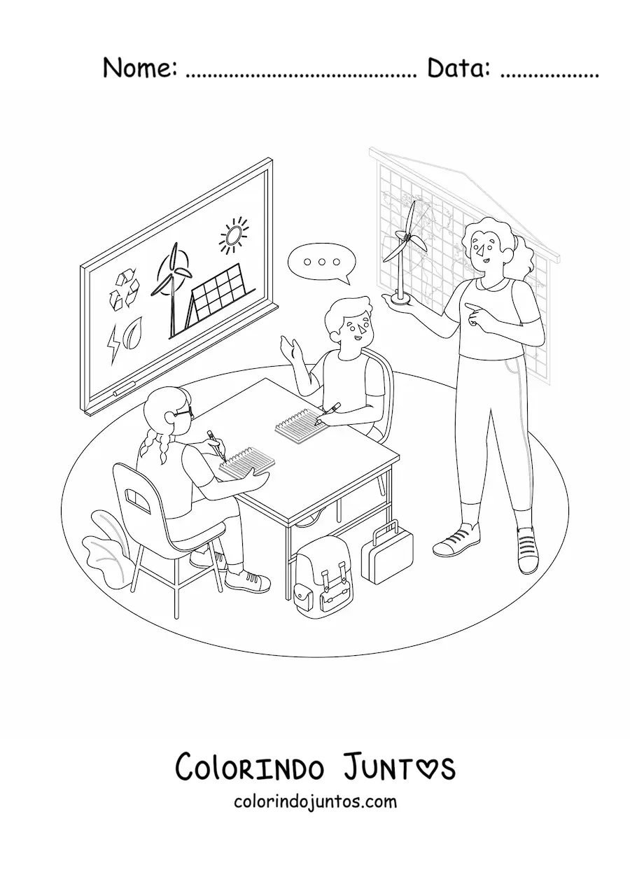 Desenho para colorir de uma professora e dois alunos em uma sala de aula durante a aula