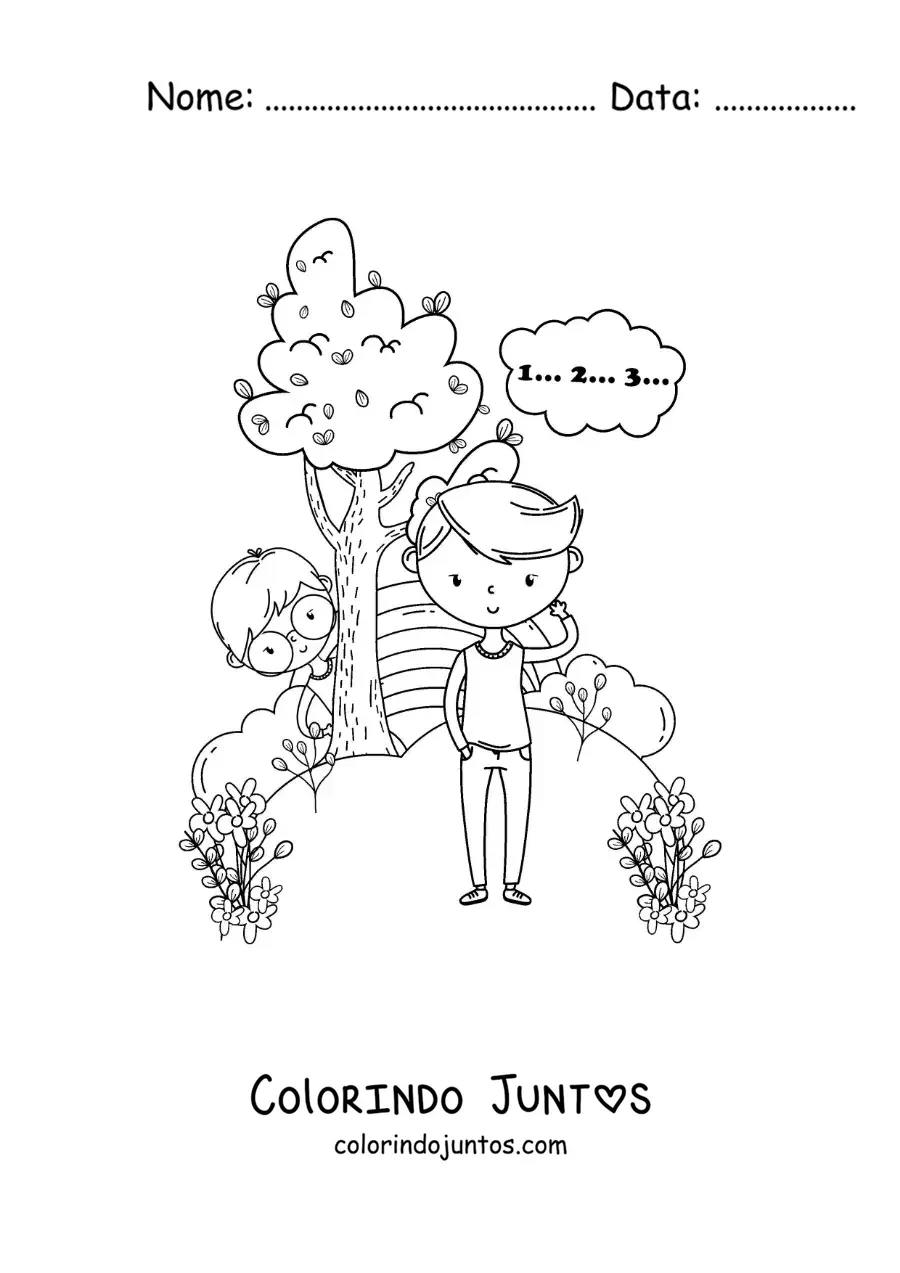 Desenho para colorir de crianças brincando de esconde-esconde