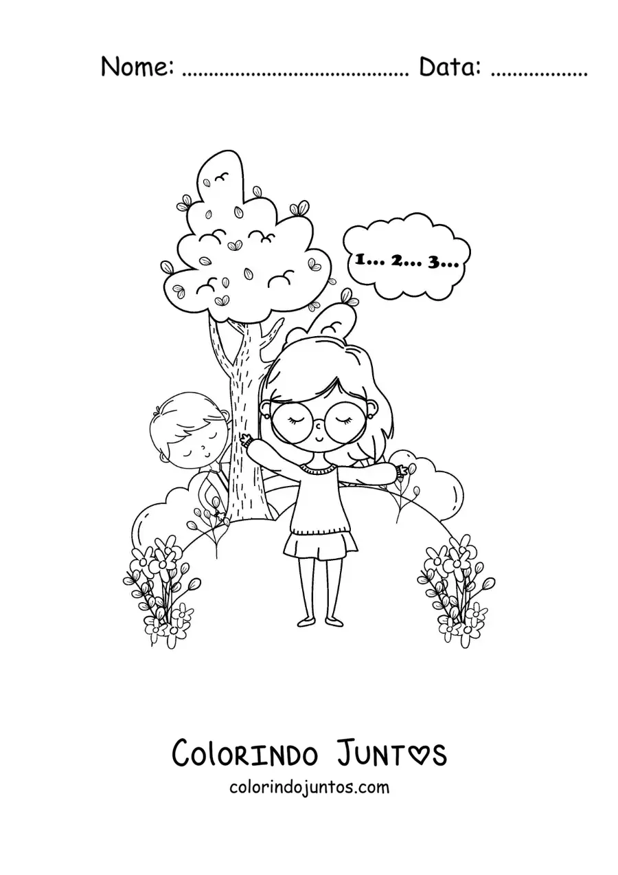 Desenho para colorir de crianças brincando de esconde-esconde