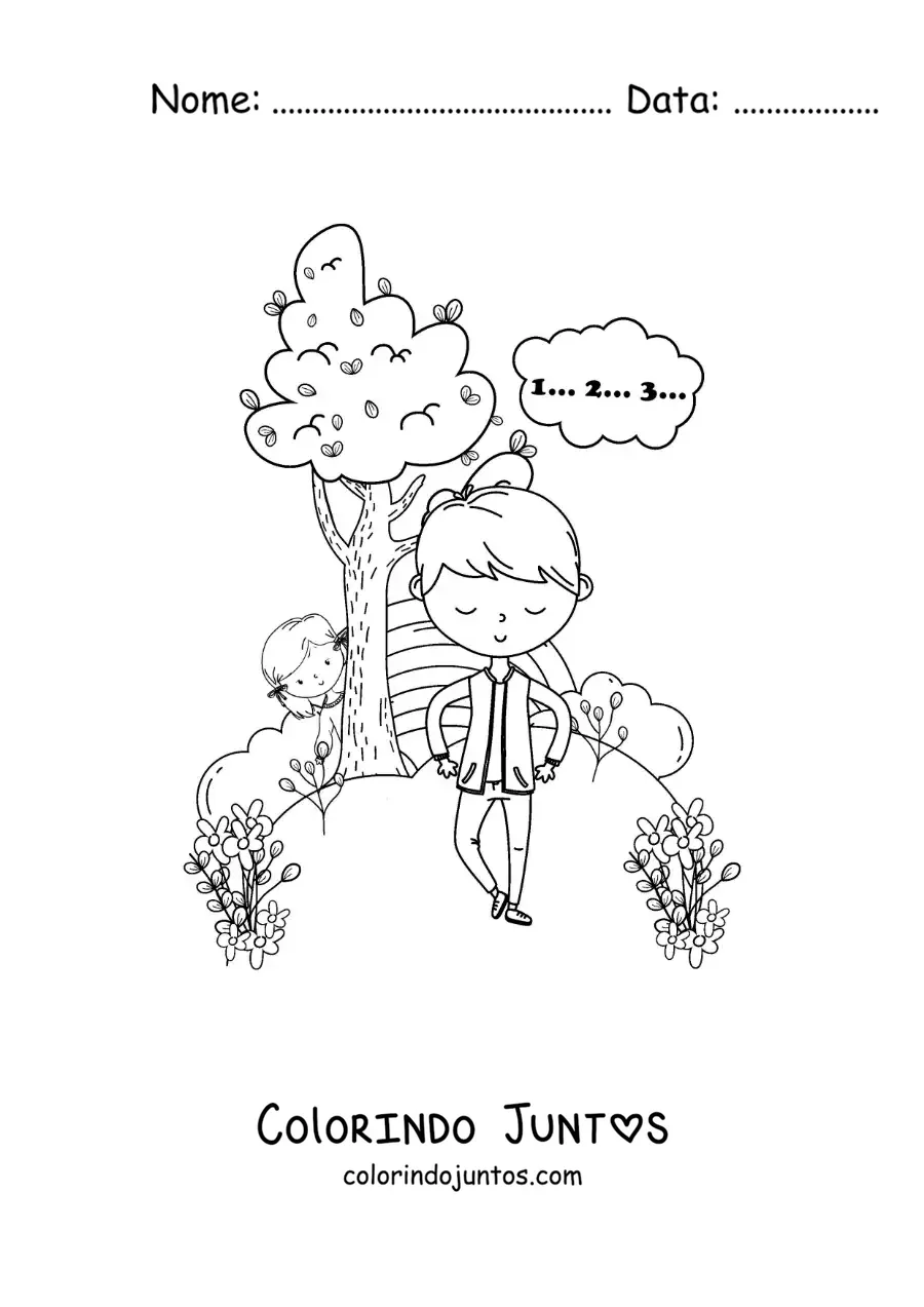 Desenho para colorir de menino escondido atrás de uma árvore brincando de esconde-esconde