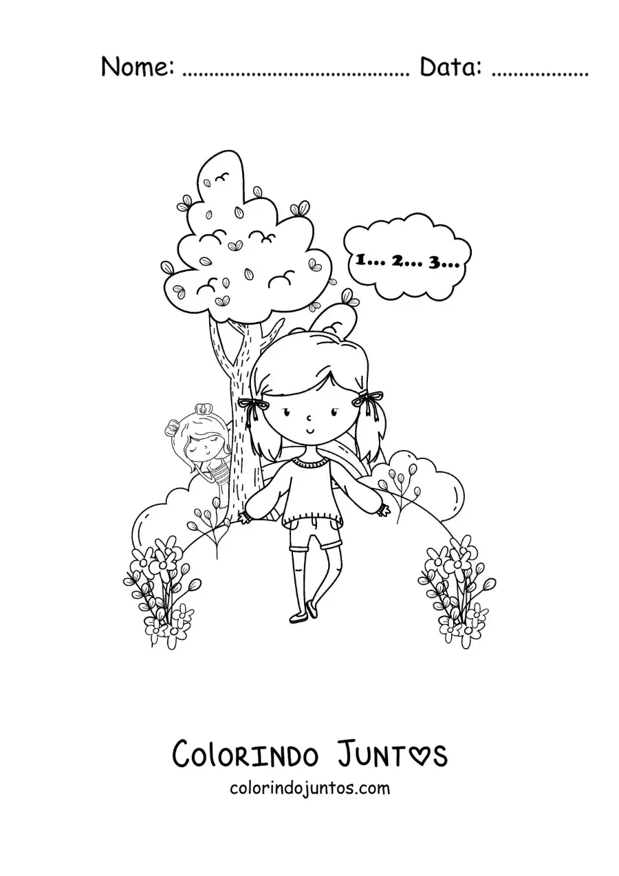 Desenho para colorir de duas meninas brincando de esconde-esconde