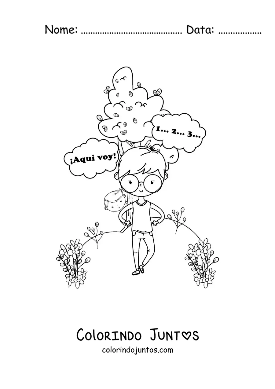 Desenho para colorir de crianças na brincadeira de esconde-esconde no parque