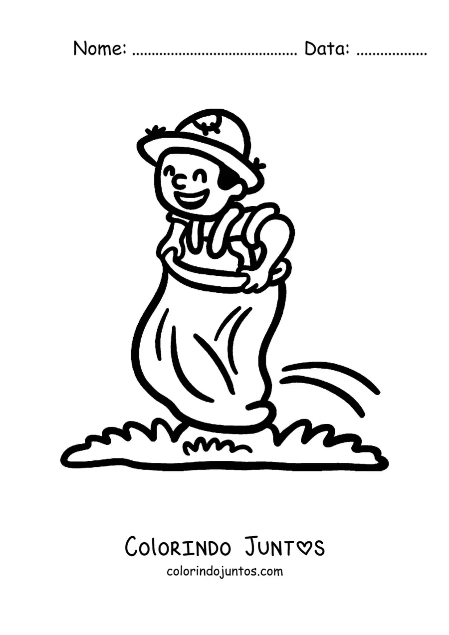 Desenho para colorir de um homem brincando em uma corrida de sacos