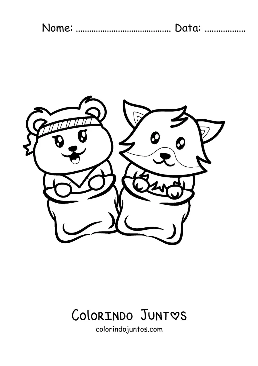 Desenho para colorir de animais animados em uma corrida de sacos