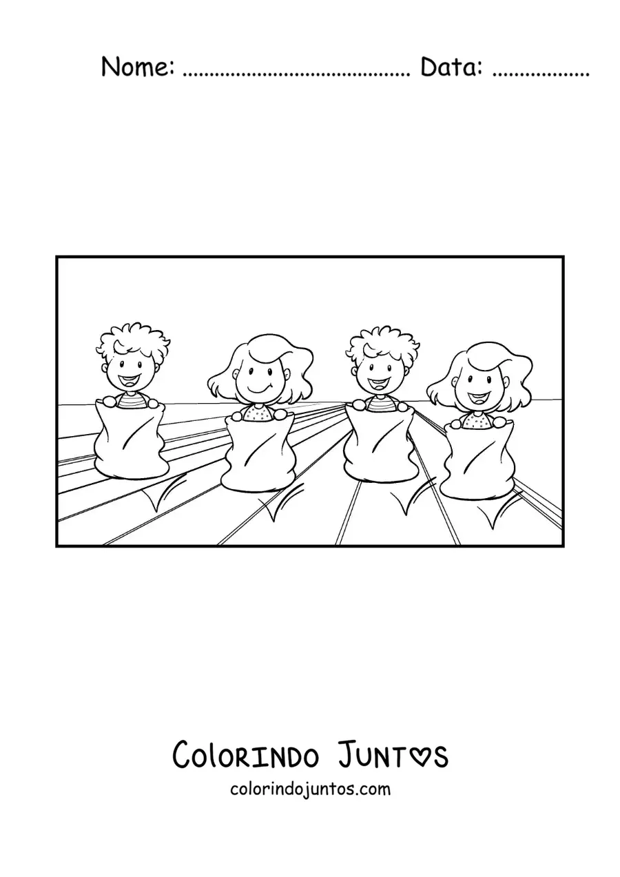 Desenho para colorir de crianças brincando em uma corrida de sacos
