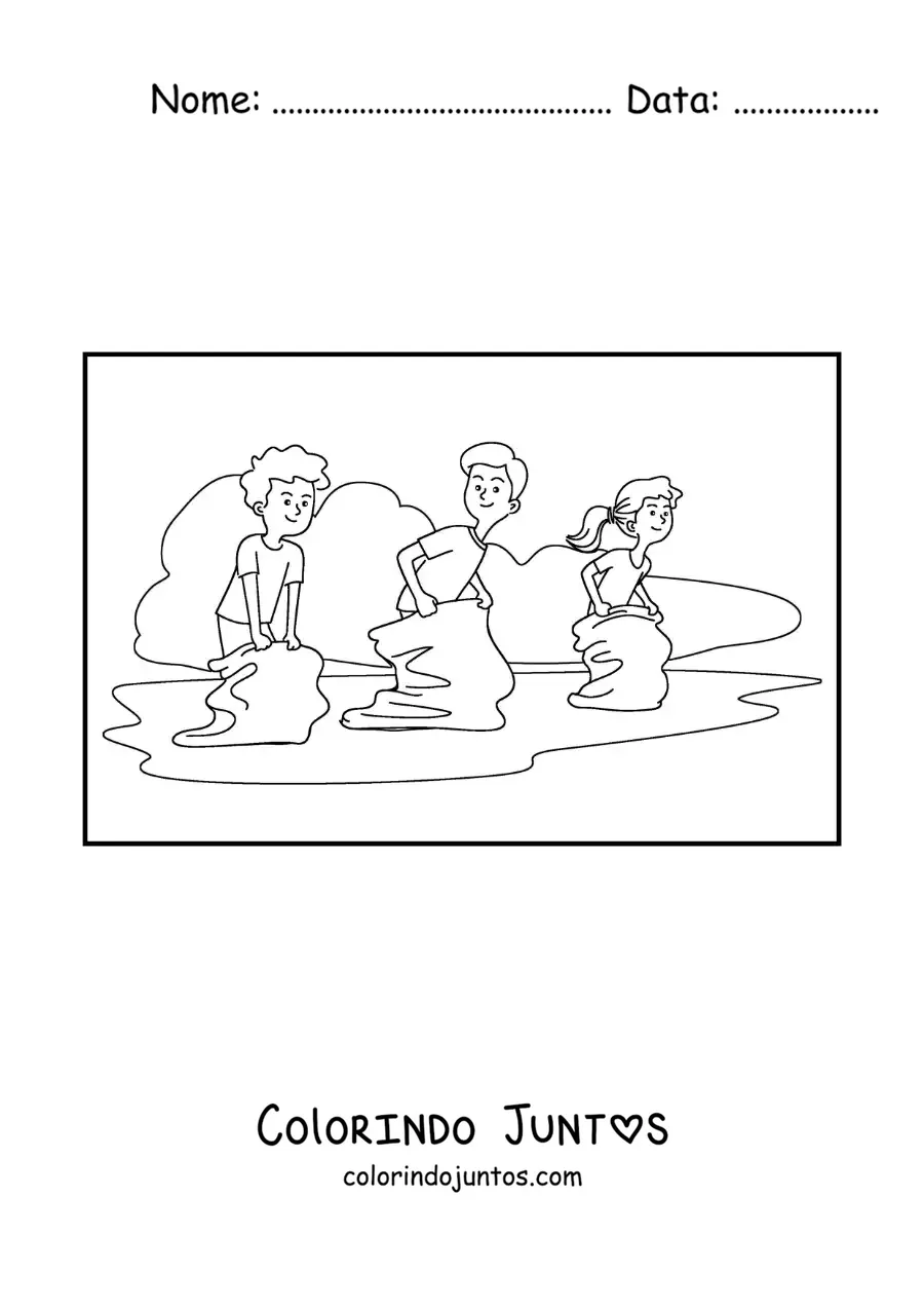 Desenho para colorir de crianças pulando em uma corrida de sacos