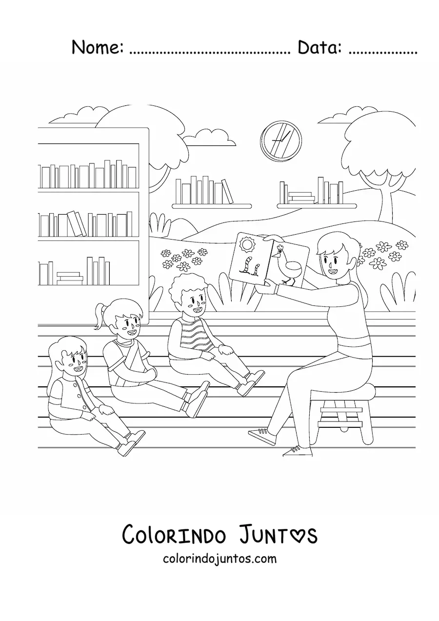 Desenho para colorir de uma professora ensinando tres alunos da educacao infantil