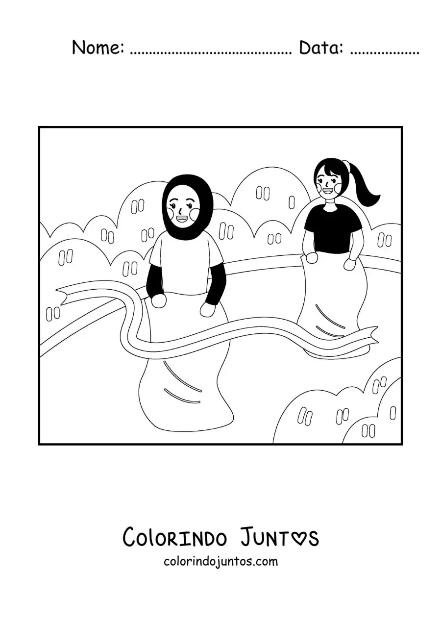 Desenho para colorir de duas meninas em uma corrida de sacos tradicional