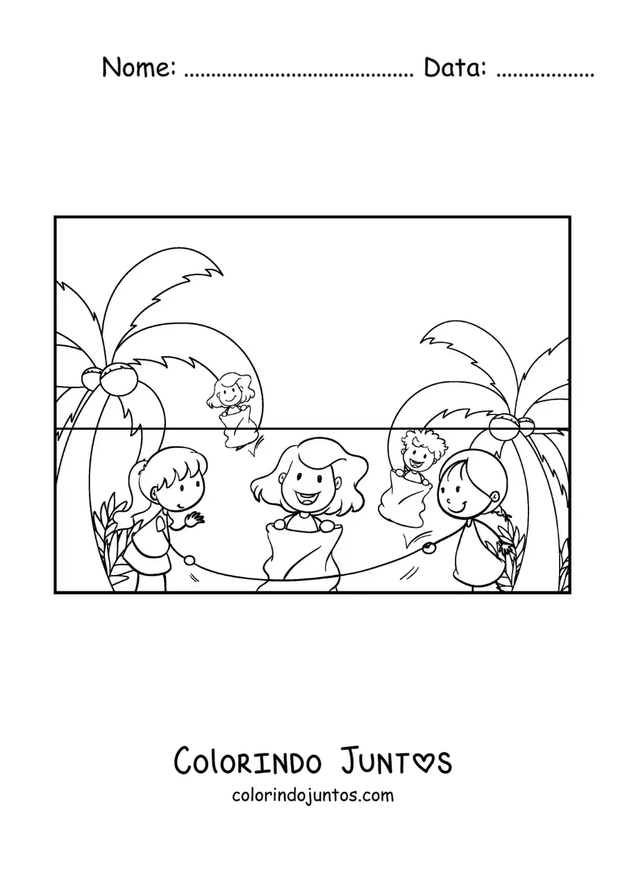Desenho para colorir de meninas brincando de pular dentro de um saco na praia