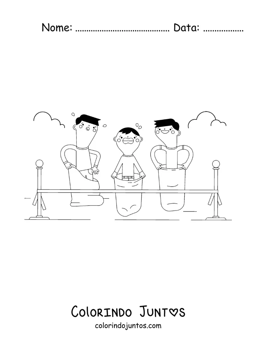 Desenho para colorir de crianças chegando à linha de chegada em uma corrida de sacos