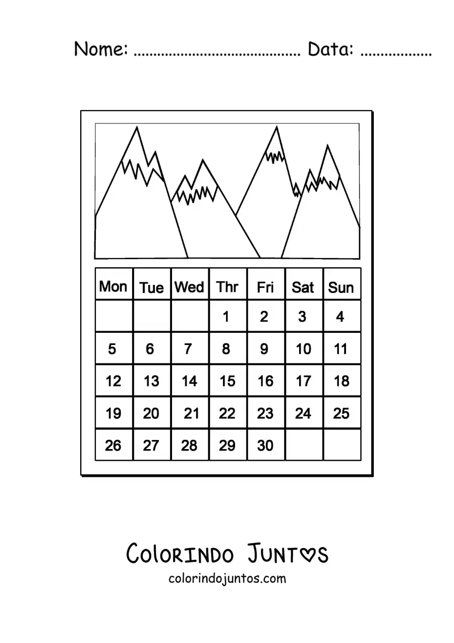 Desenho para colorir de um calendário animado com fotos de montanhas