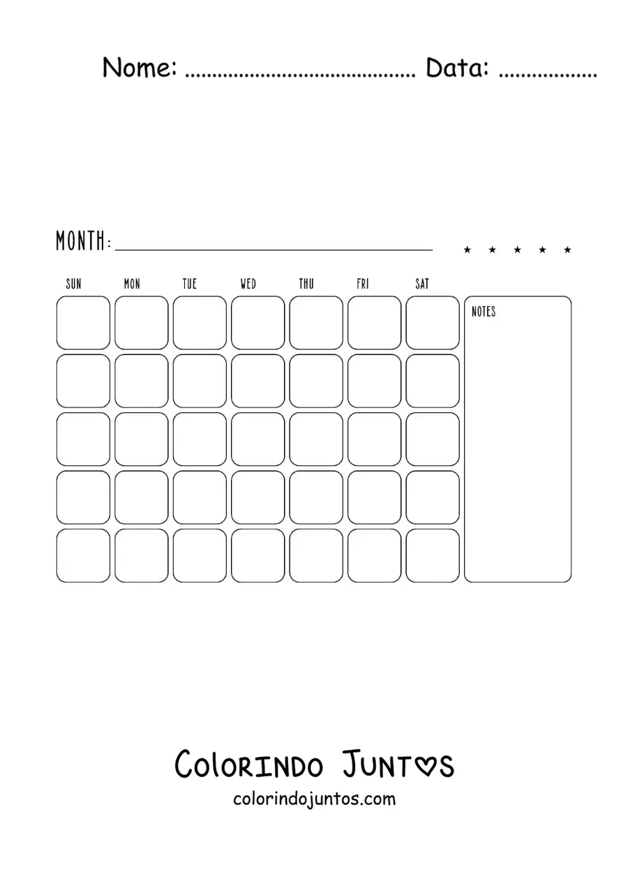 Desenho para colorir de calendário para imprimir