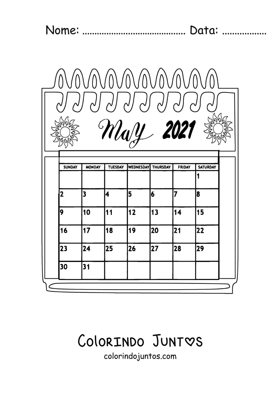 Desenho para colorir de calendário de maio