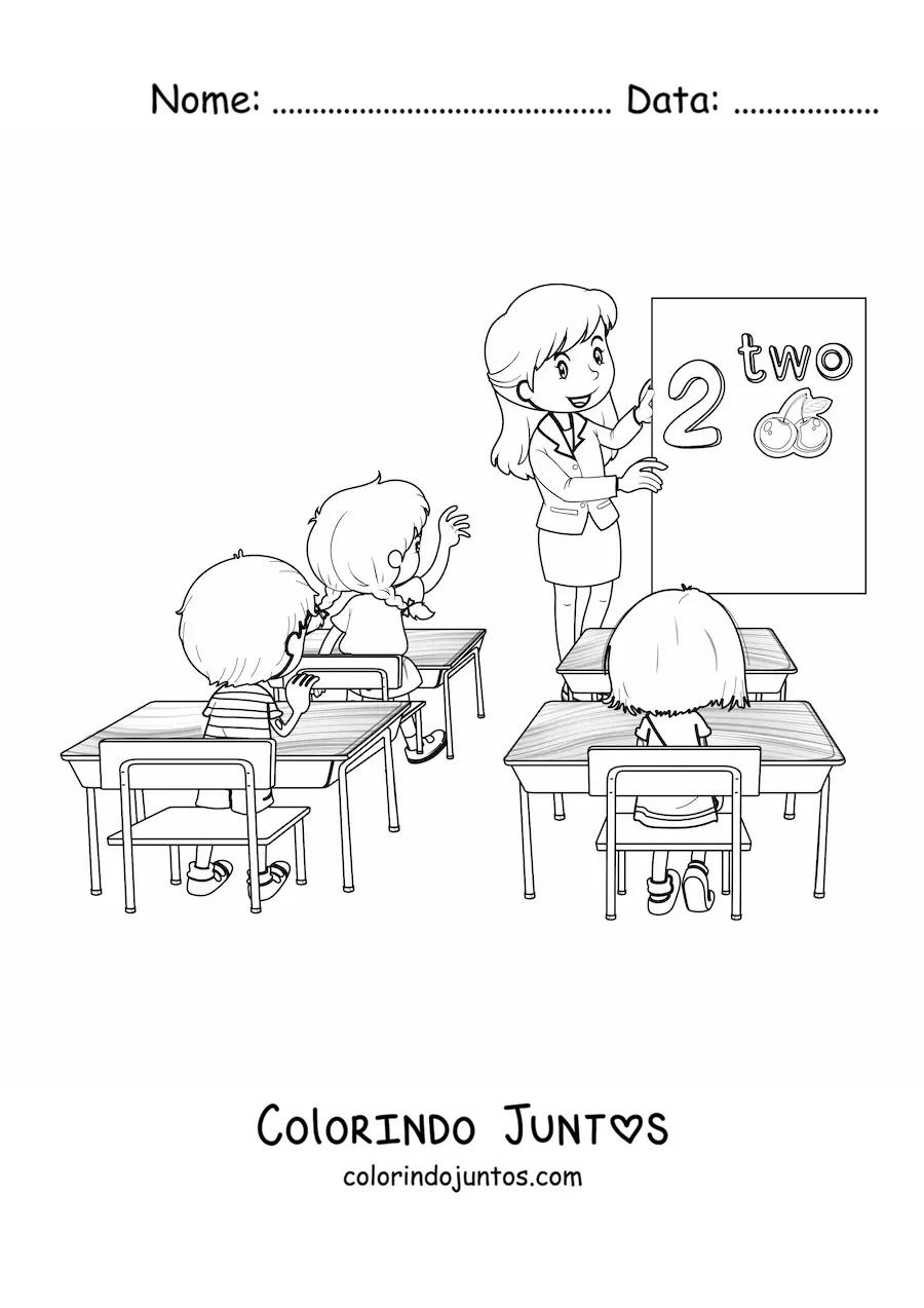 Desenho para colorir de uma professora diante da lousa dando aula para varios alunos