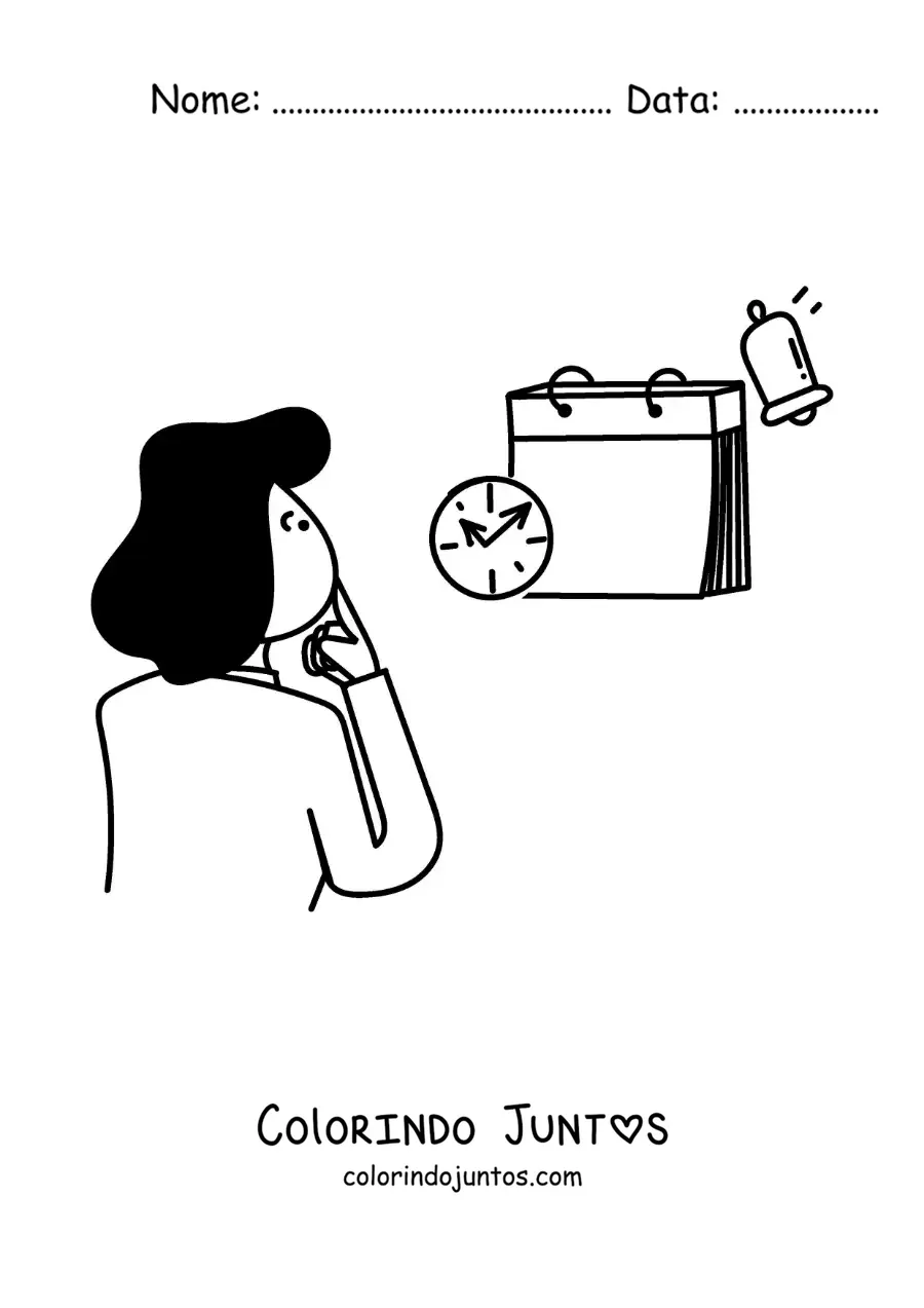 Desenho para colorir de uma mulher olhando o calendário