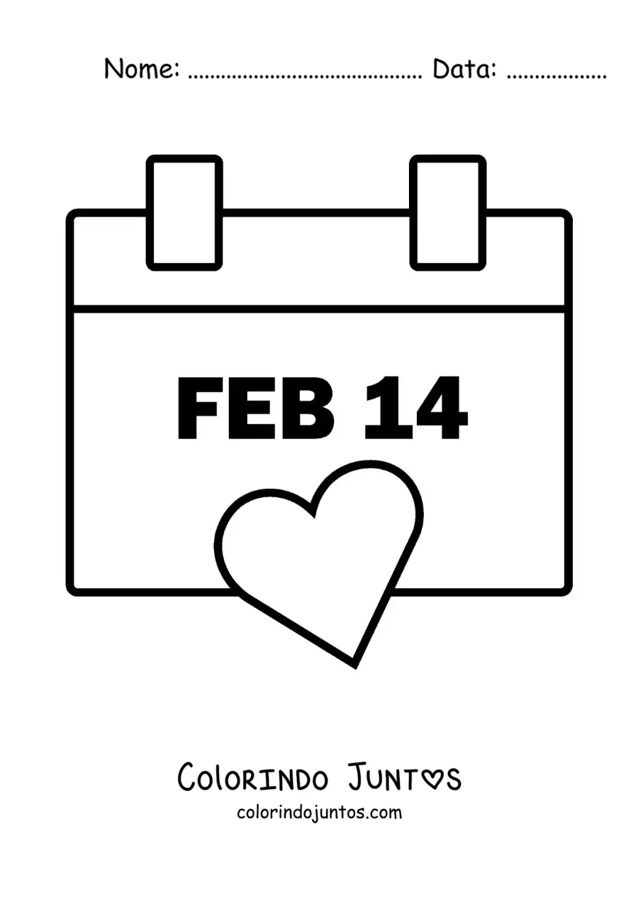 Desenho para colorir de 14 de fevereiro em um calendário