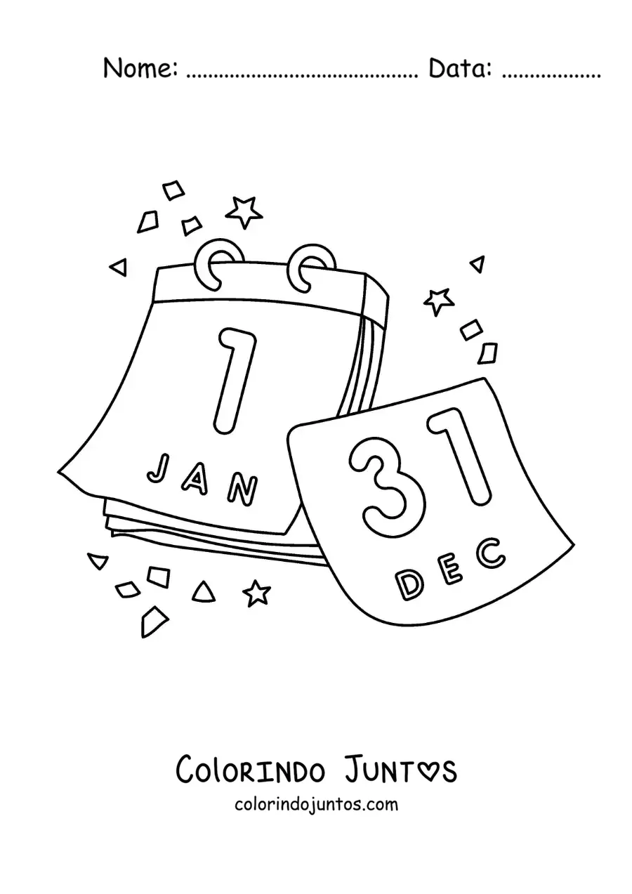 Desenho para colorir de ano novo no calendário