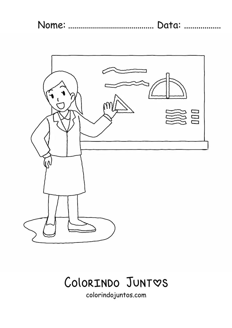 Desenho para colorir de uma professora dando aula diante da lousa