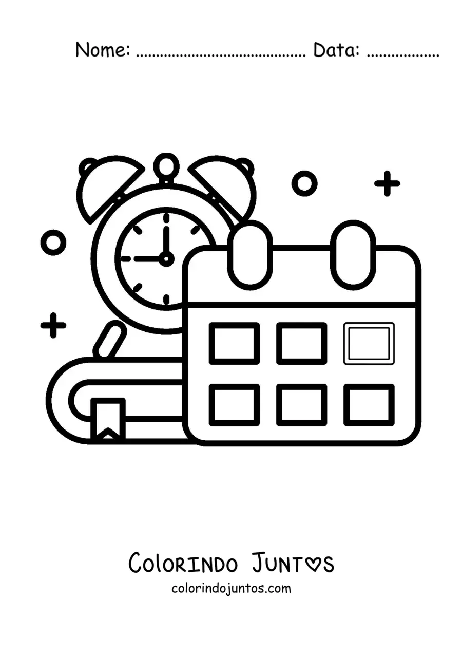 Desenho para colorir de um calendário e um relógio