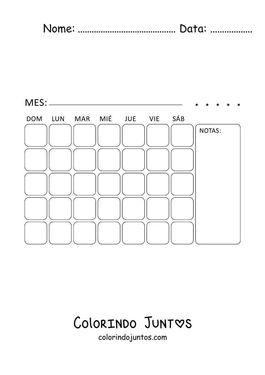 Desenho para colorir de calendário para imprimir em inglês
