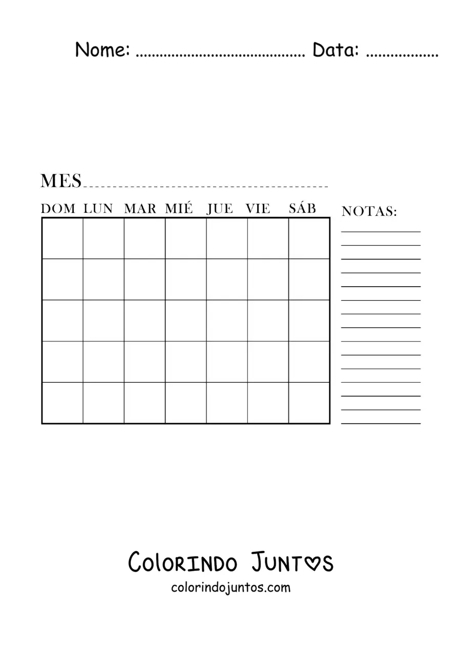 Desenho para colorir de calendário do mês