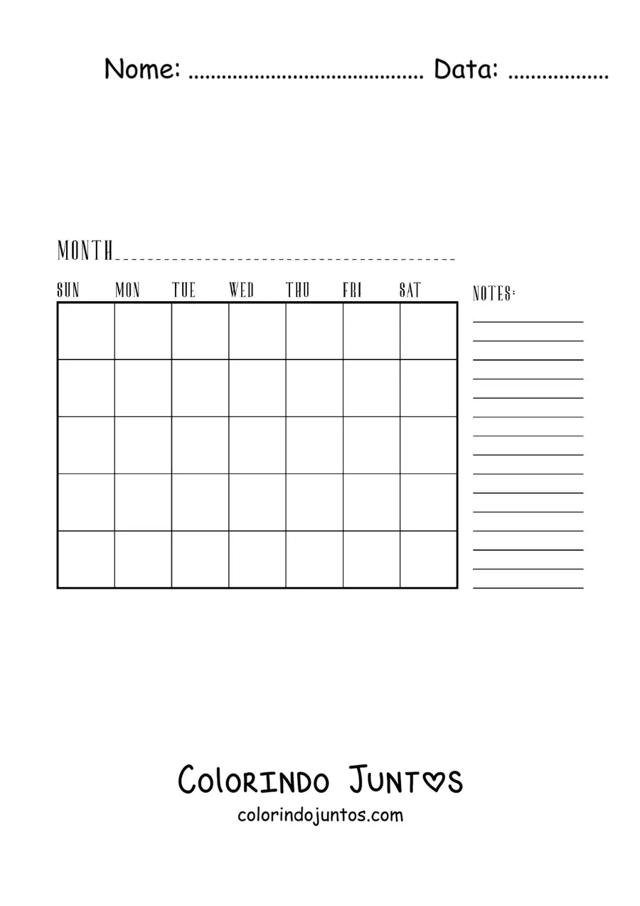 Desenho para colorir de calendário do mês em inglês