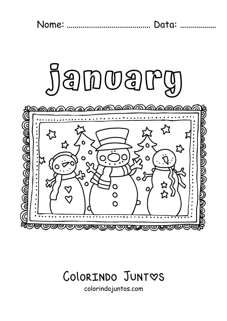 Desenho para colorir de january com bonecos de neve animados