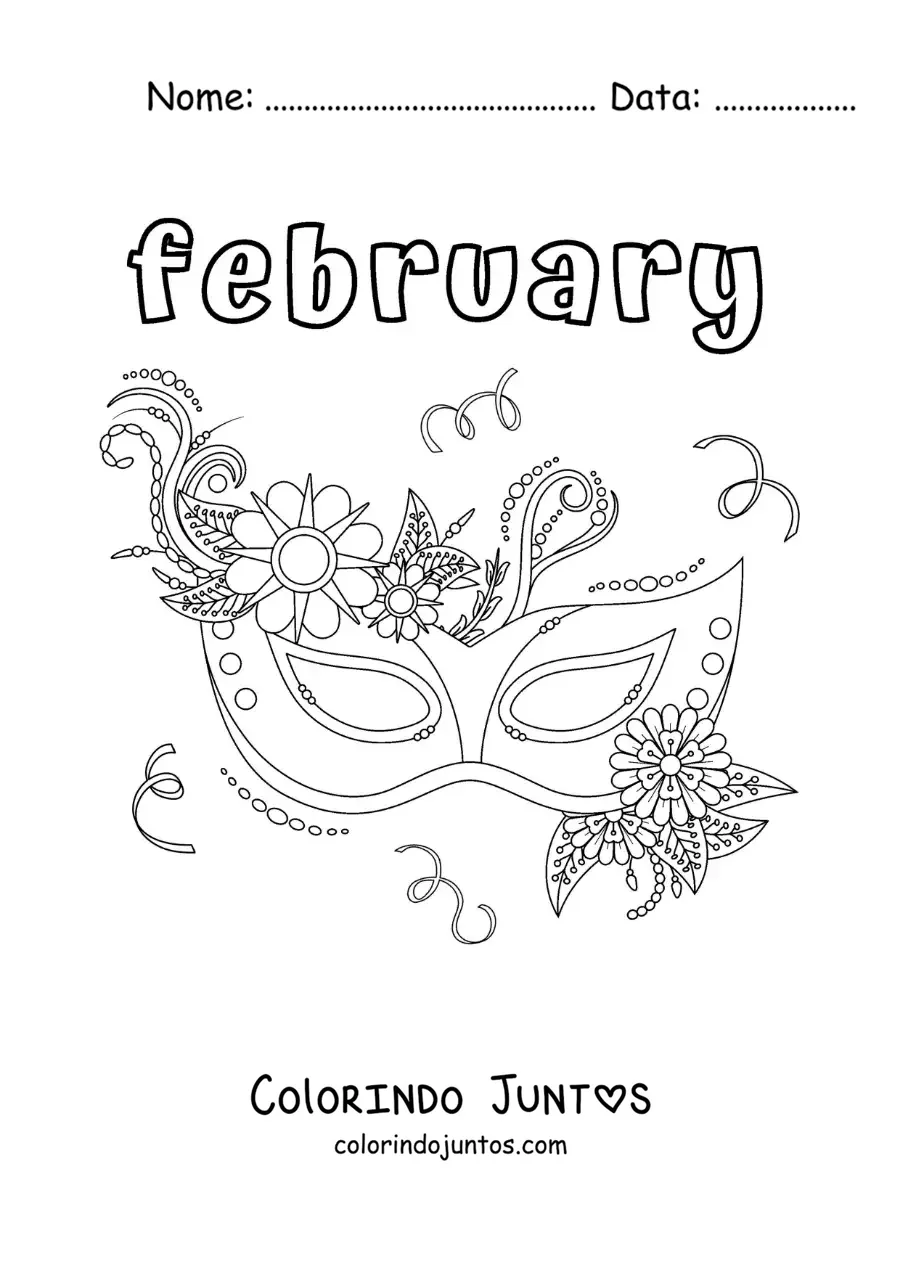 Desenho para colorir de february com máscara de Carnaval