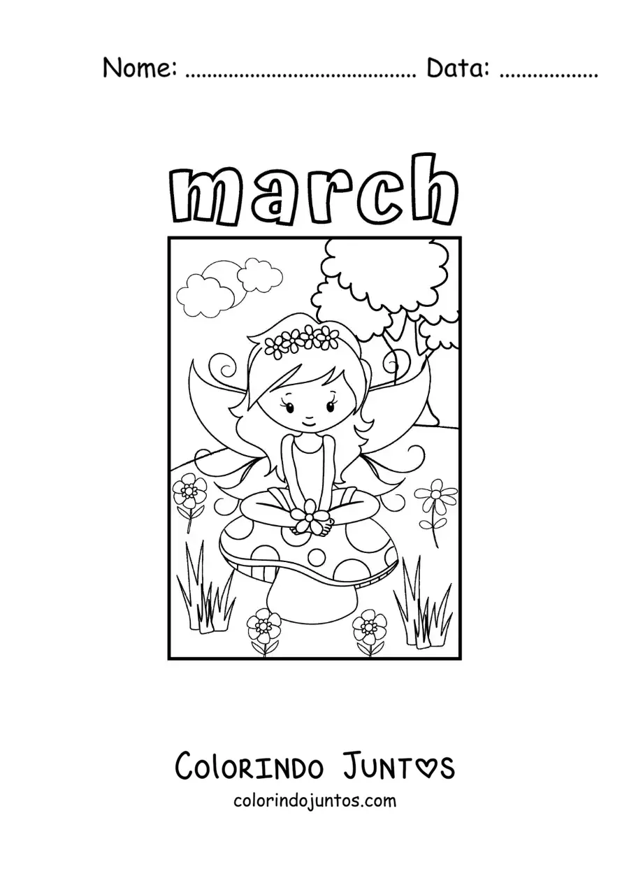 Desenho para colorir de march com fada da primavera