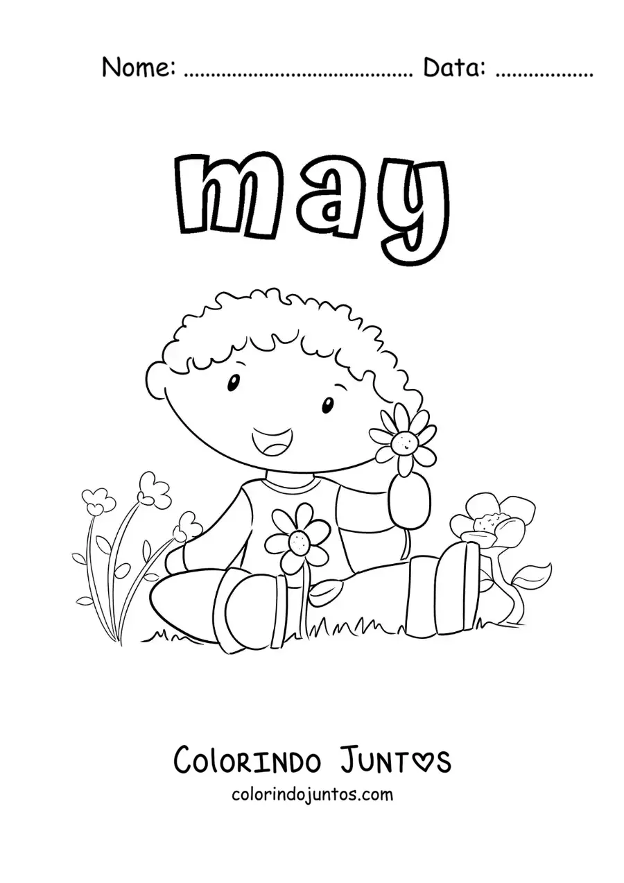 Desenho para colorir de may com uma criança sentada entre flores da primavera