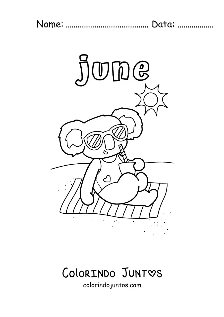 Desenho para colorir de june com um coala animado no verão