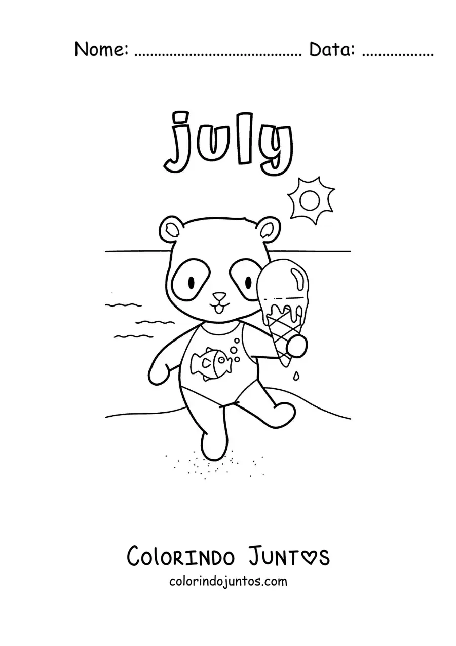 Desenho para colorir de july com um panda animado na praia no verão