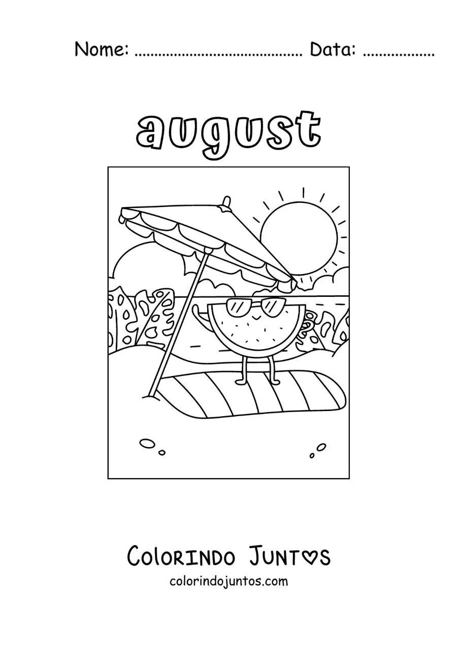 Desenho para colorir de august com uma melancia animada de férias