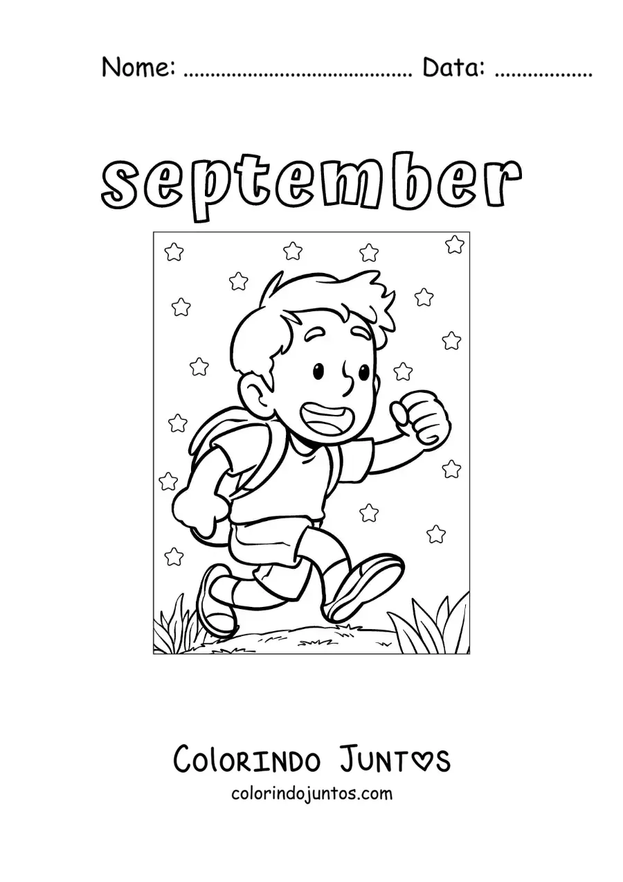 Desenho para colorir de september com uma criança a caminho da escola