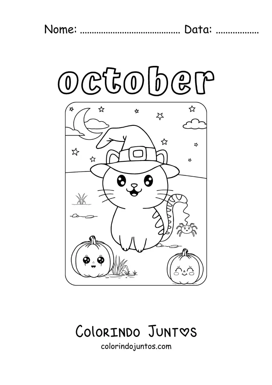 Desenho para colorir de october com um gato animado no Halloween
