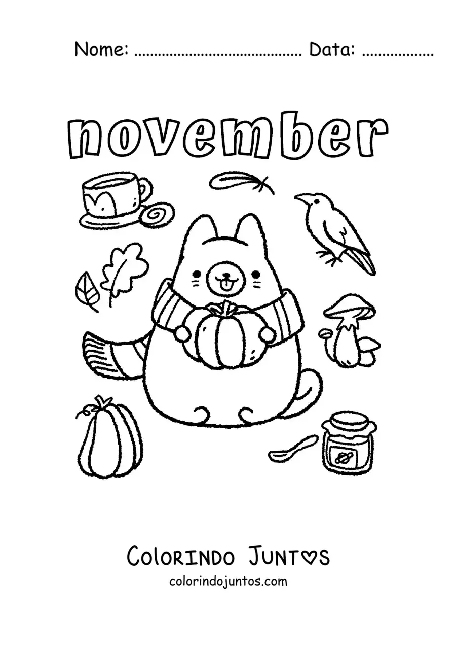 Desenho para colorir de november com um gato animado no outono