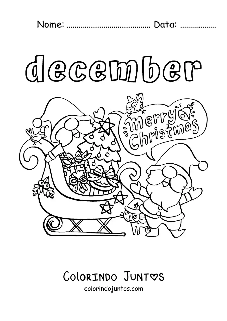 Desenho para colorir de december com o Papai Noel no Natal dizendo Merry Christmas