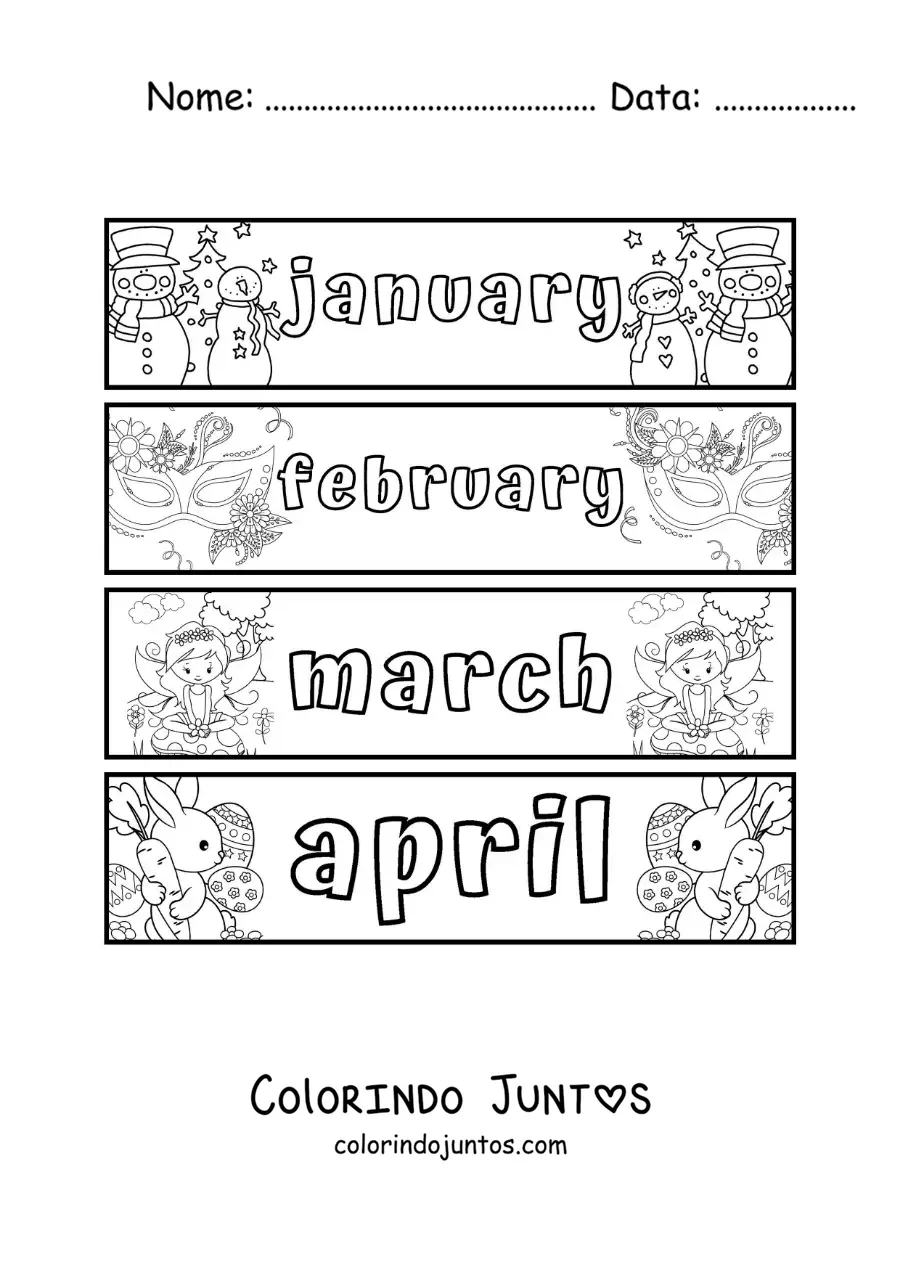 Desenho para colorir de fichas infantis com os meses em inglês de janeiro a abril