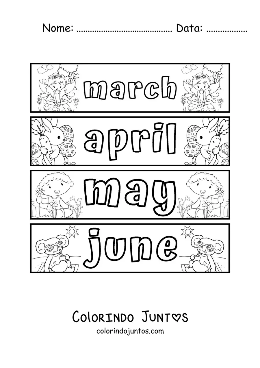 Desenho para colorir de fichas infantis com os meses em inglês de março a junho