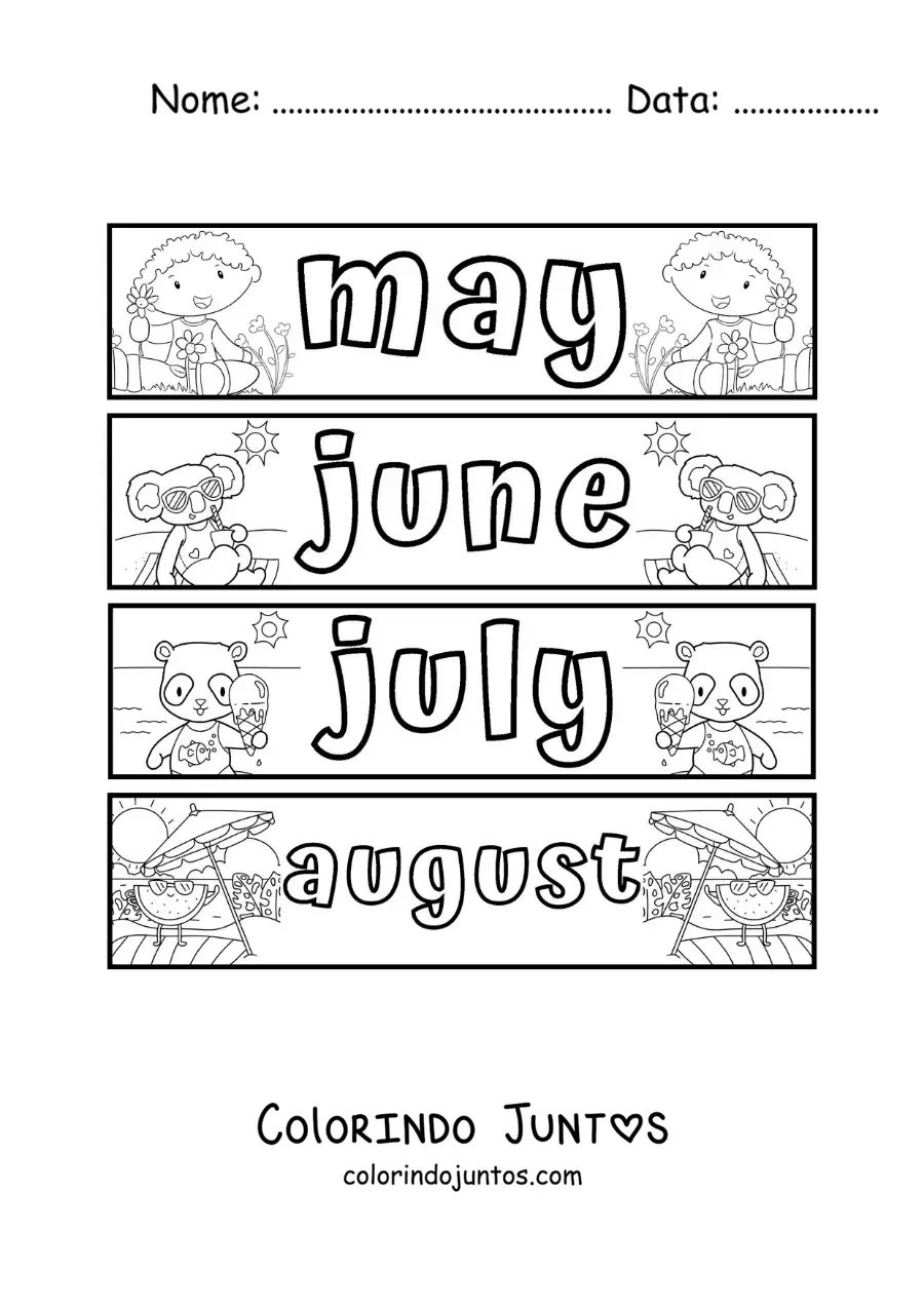 Desenho para colorir de fichas infantis com os meses em inglês de maio a agosto