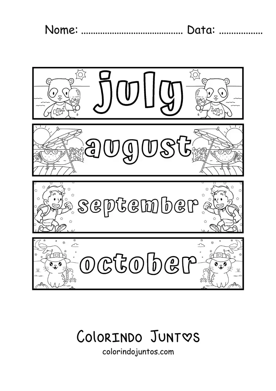 Desenho para colorir de fichas infantis com os meses em inglês de julho a outubro