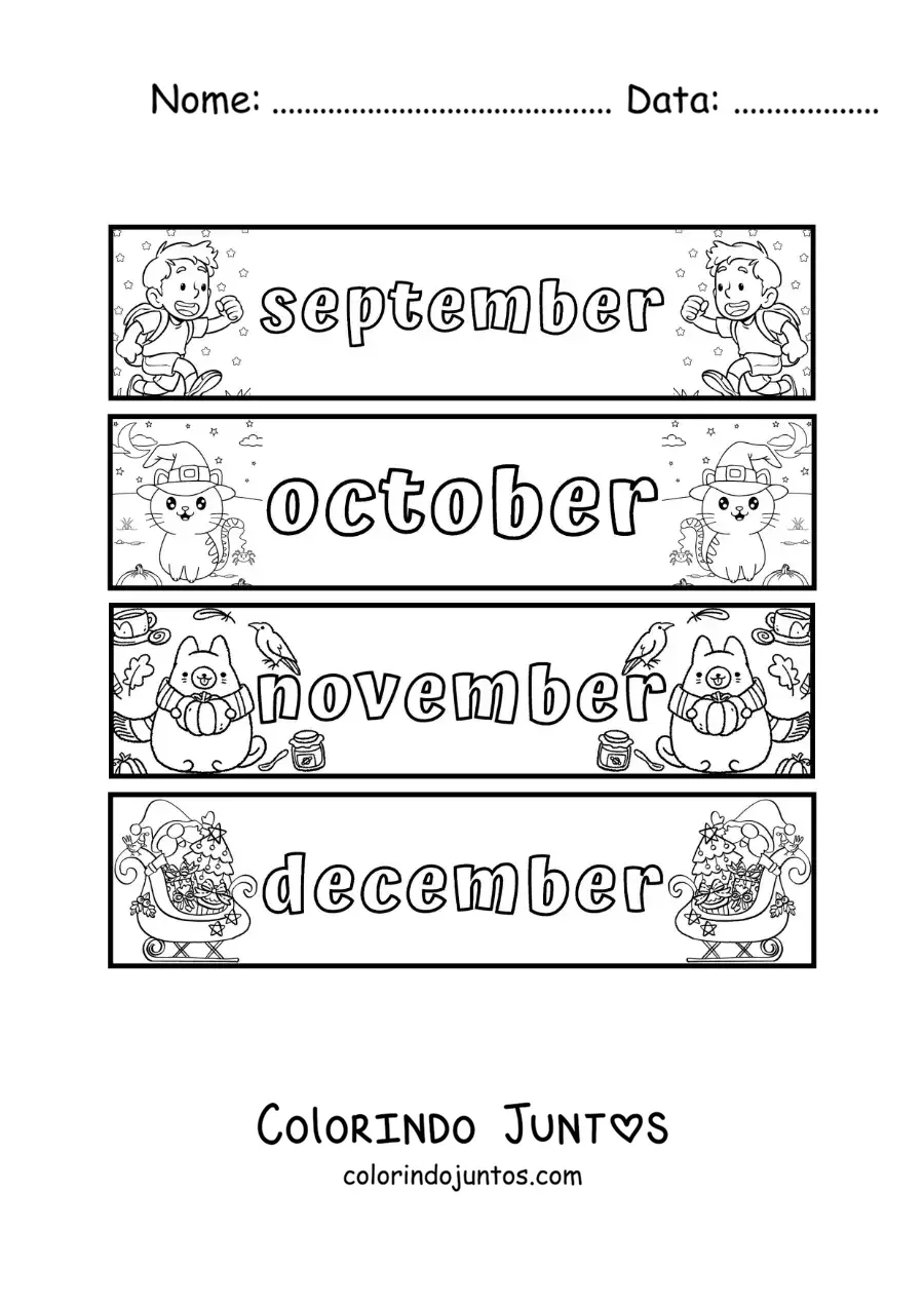Desenho para colorir de fichas infantis com os meses em inglês de setembro a dezembro